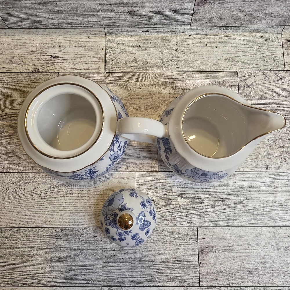 Grace Teaware Blue & White Butterflies And Floral Sugar & Creamer - Picture 5 of 7